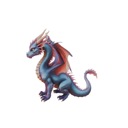 3D-Modell eines blau-rosa Drachen sitzt mit leicht gespreizten Flügeln und blickt nach links.
