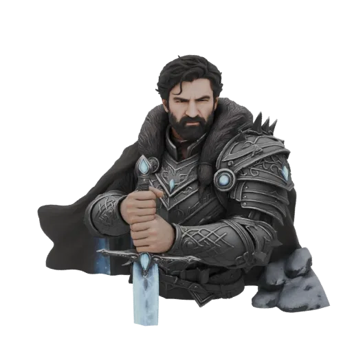 3D model of a stern Ice Knight in dark armor, holding a glowing blue ice sword, with a fur-lined cloak.