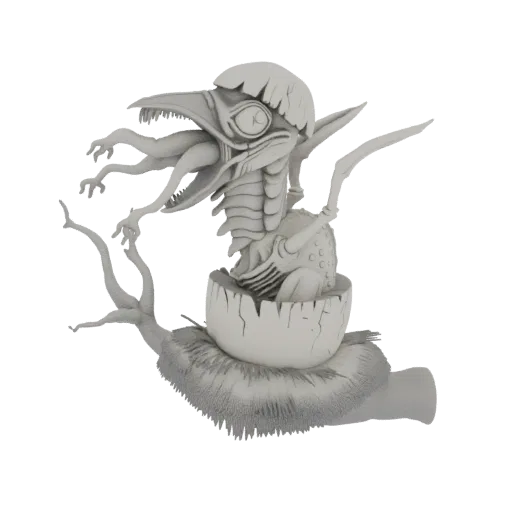 3D model of a grotesque hatchling monster with multiple arms and a bird-like head, emerging from a cracked egg on a nest.