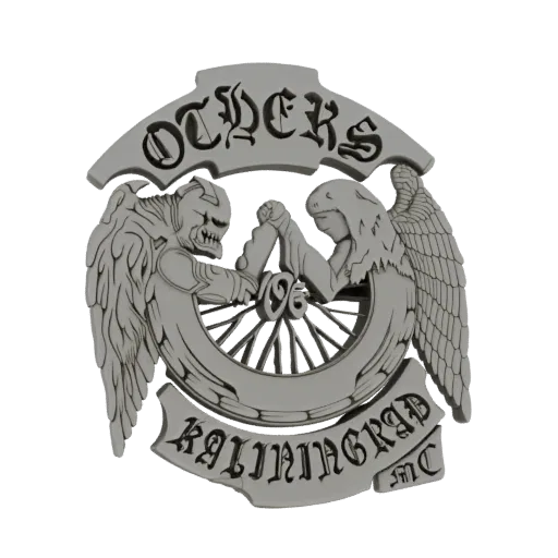3D model of a gothic biker emblem with an angel and demon arm wrestling, text 'OTHERS' and 'KALININGRAD MC'