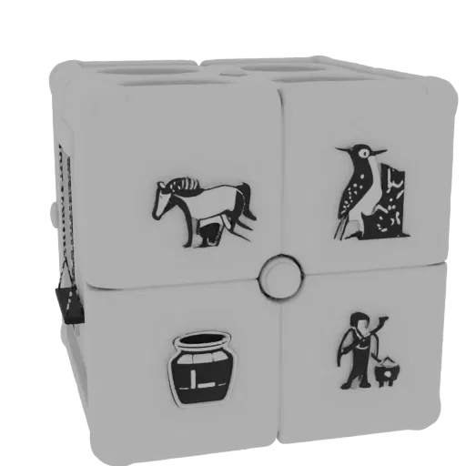 3D model of sorter cube with images of horse, woodpecker, jam jar, mushroom, swing, and painter