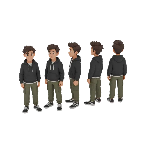 Un modèle 3D stylisé d'un jeune homme portant un sweat à capuche sombre et un pantalon cargo vert olive, montré sous plusieur