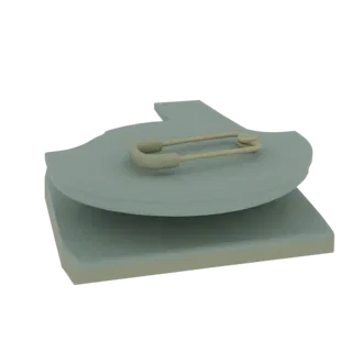 A 3D render of a light blue safety pin badge with a pale yellow safety pin attached.