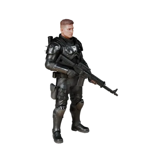 Personaje 3D Soldado Carmesí Realista, vista del viewport del motor, activo listo para Unreal Engine con pose de pie; rifle,