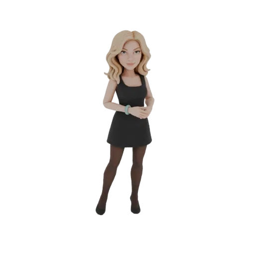 3D model of an elegant woman with blonde hair wearing a black dress and teal bracelet, standing gracefully.