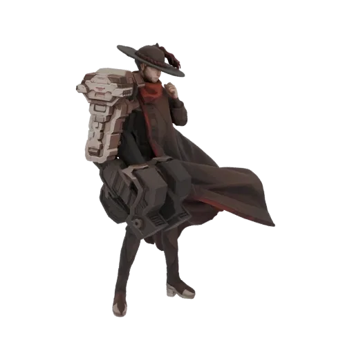 3D model of a Steampunk Gunslinger character with a mechanical arm, wearing a hat and long coat.