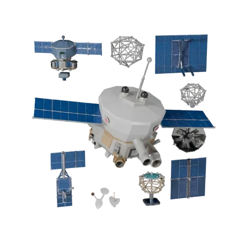 Communication Space Probe Low Poly 3D model, game viewport three-quarter view, showing solar panels, form detail.