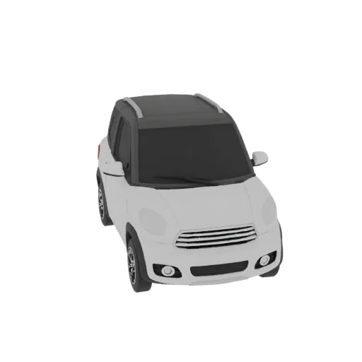 Modelo 3D de un SUV compacto blanco con baca negra, visto desde un ángulo frontal ligeramente elevado sobre un fondo blanco.