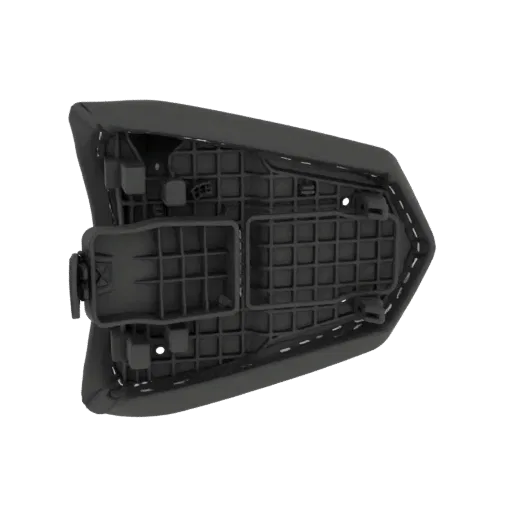 3D model of the underside of a black motorcycle passenger seat, showing the plastic base, internal grid structure, and a blac