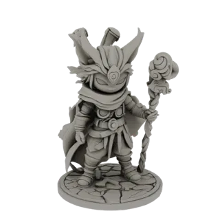 3D model of a Chibi Mage with a mask, flowing cape, and a staff topped with clouds, standing on a cracked stone base.