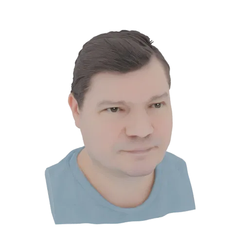 Preview render of an AI-generated 3D model of a man's head and shoulders wearing a blue t-shirt.