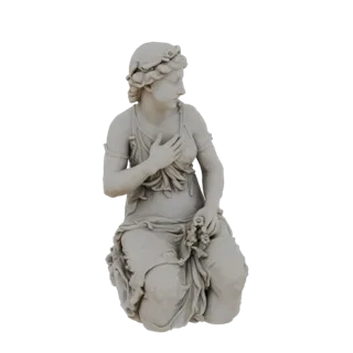 3D model of a marble nymph sculpture in a semi-seated pose, holding a bouquet of flowers, in the 19th-century academic style.