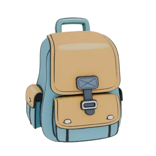 Uma renderização 3D de uma mochila cartoon com corpo azul e aba e bolsos bege, apresentando contornos pretos.