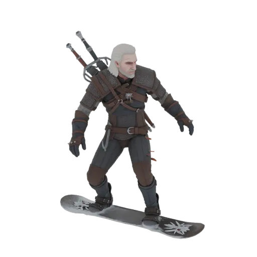 3D model of Geralt of Rivia from The Witcher, snowboarding with swords on his back, wearing detailed armor.