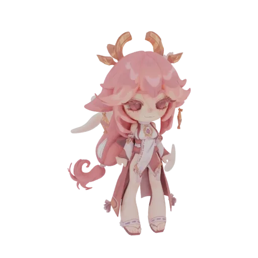 3D model of Yae Miko in a chibi style, with pink hair, fox ears, and a detailed outfit, against a black background.