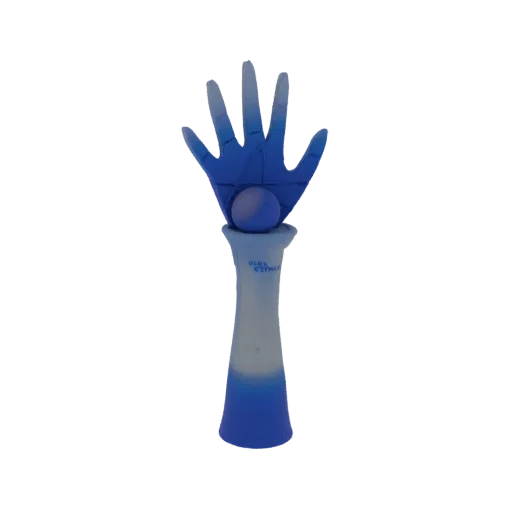3D model render of a blue, stylized hand holding a ball, mounted on a gradient blue base with 'DIRA KITHU' text.