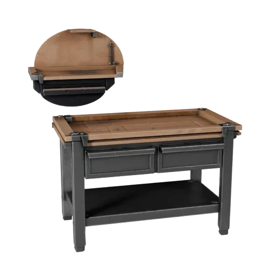 Industrial Workbench Product Viz 3D model, three-quarter studio product render, showing steel frames, stable fixtures.