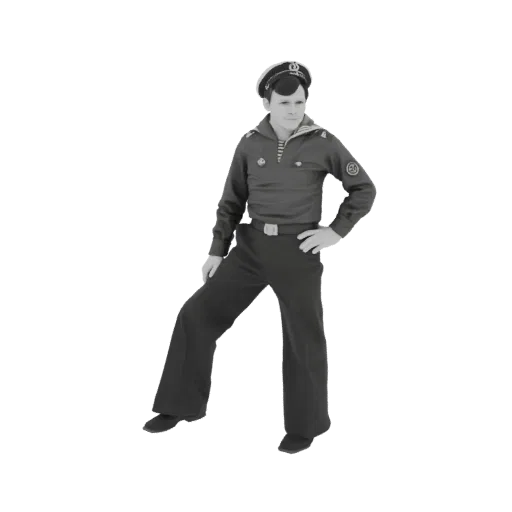 3D model render of a person wearing a vintage sailor uniform, including a cap, striped shirt, and flared trousers, in a grays