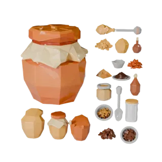 Modelo 3D Low Poly de Pote de Mel, vista de três quartos da viewport do jogo, mostrando pós, pequenas formas de ingrediente.