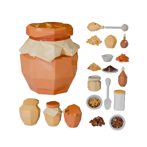 Jar Of Honey Low Poly 3D model, game viewport three-quarter view, showing powders, small ingredient shapes.