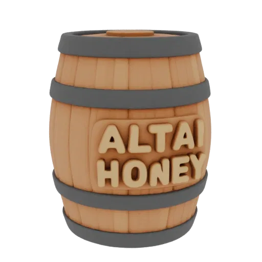 3D model of a wooden honey barrel with "Altai Honey" inscription and hoops