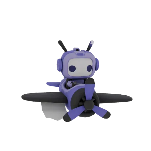 3D render of a purple robot with large blue eyes, wearing a pilot's helmet, sitting in the cockpit of a purple and grey bipla