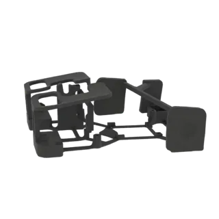3D-Modell eines dunkelgrauen, skelettartigen Chassis-Rahmens für ein Go-Kart oder ein ähnliches Fahrzeug, von der Seite betra