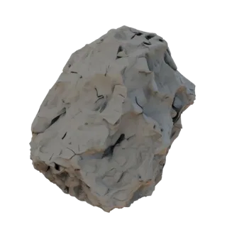 Modelo 3D de piedra gris en bruto con múltiples grietas naturales en la superficie, sobre fondo blanco.