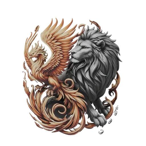 3D model of a grayscale lion and a golden phoenix in an emblem, with swirling decorative elements.