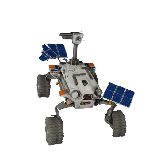 Lunar Planetary Rover 3D model, three-quarter front view, Unity viewport, showing dusty wheels, vehicle stance.