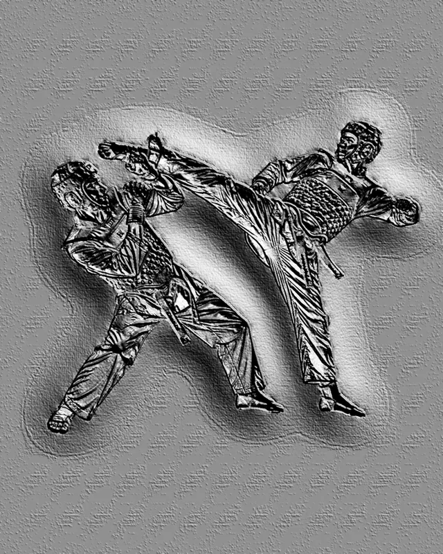 3D model of a bas-relief depicting two Taekwondo athletes in dynamic combat poses.