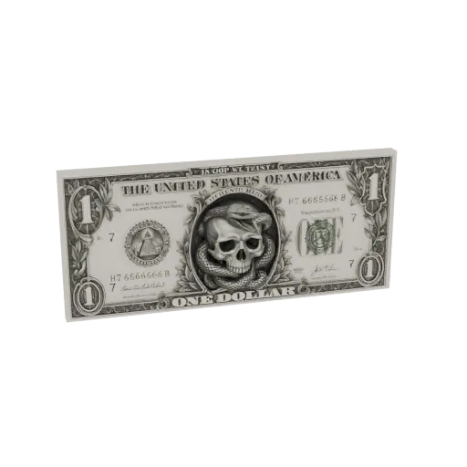 3D model of a one dollar bill with a skull and snake design, rendered with a metallic, aged finish.