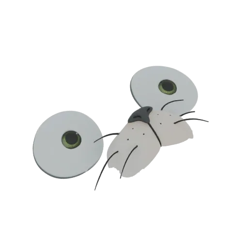 Render de modelo 3D de cara de ratón de dibujos animados con ojos verdes grandes, hocico beige y bigotes negros, sobre fondo