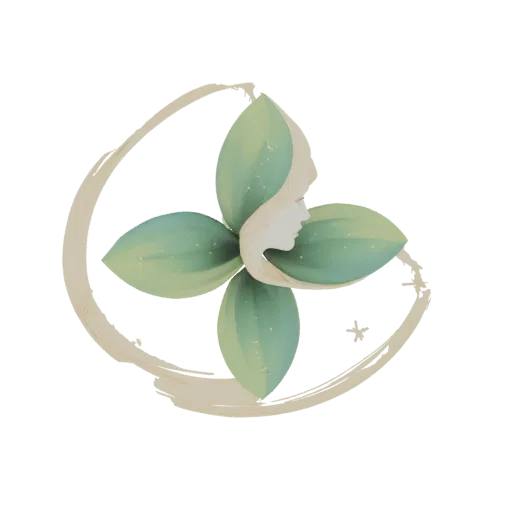 3D model of an ethereal woman with green petal hair, framed by a beige brushstroke circle, with subtle light speckles.