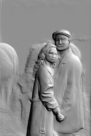 Modelo 3D de baixo-relevo "Jovem casal", retratando um homem e uma mulher de mãos dadas, em estilo clássico.