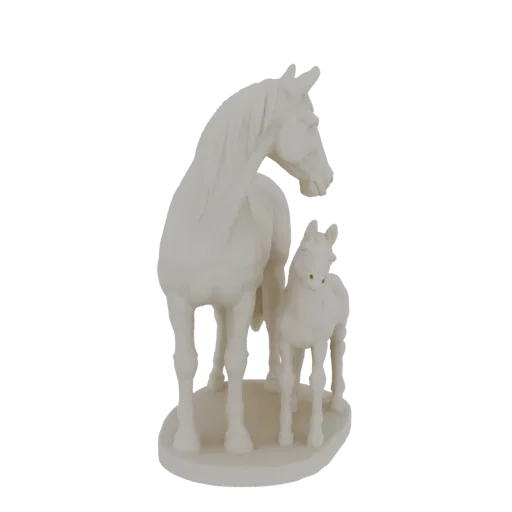 3D model of a white marble-style sculpture of a mother horse and her foal standing together on a base.