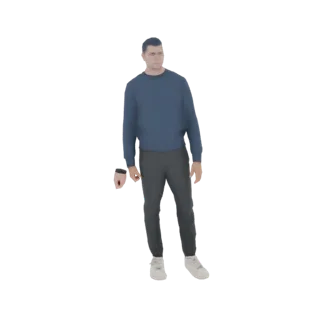 3D model of a man wearing a blue sweater and gray pants, standing with his hands at his sides.