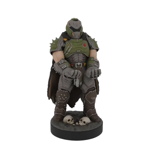3D model of the Doom Slayer in his iconic armor, standing on a base with skulls at his feet.