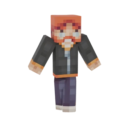 Render 3D di un personaggio stilizzato con capelli arancioni, occhiali e giacca scura, su sfondo bianco.