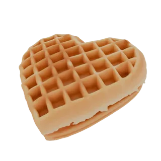 Modello 3D di un waffle a forma di cuore dorato con ripieno cremoso visibile, isolato su sfondo bianco.