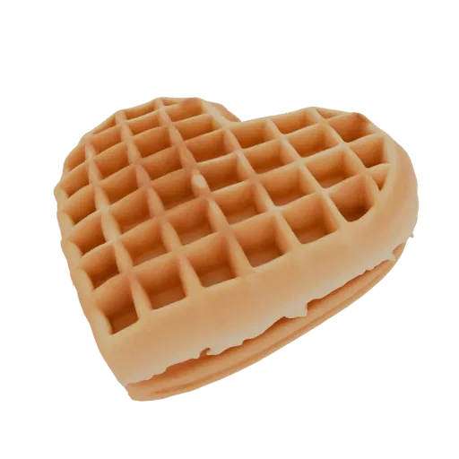 مجسم ثلاثي الأبعاد لوافل ذهبي بني على شكل قلب مع حشوة كريمة مرئية، معزول على خلفية بيضاء.