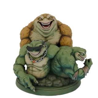3D-Modell eines Trios muskulöser mutierter Frösche, gestapelt auf einem Sockel, mit der zentralen Froschfigur, die eine Sonne