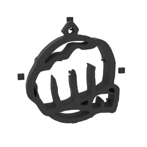 3D model render of a black, stylized clenched fist pendant with a loop for a chain.