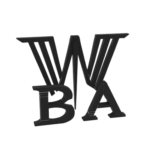 Modelo 3D do logo VBA com letras pretas ousadas e angulares sobre um fundo branco.