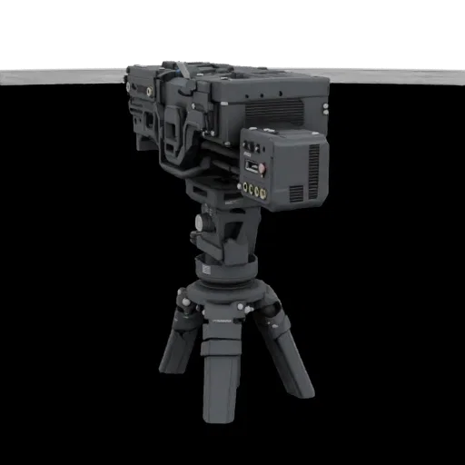 A detailed 3D render of a modular mount designed to hold a V-Mount battery and a Blackmagic converter, attached to a tripod.
