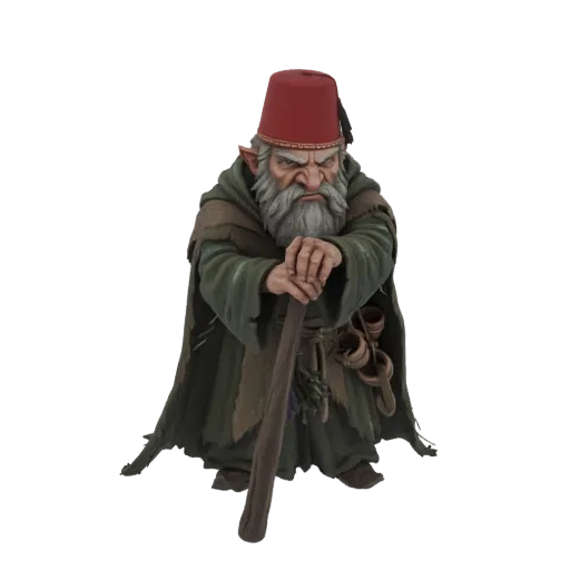 Modelo 3D de gnomo gruñón con fez rojo y bastón de madera, con capa verde desgastada.