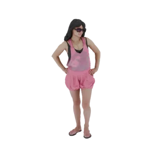 3D model of a woman wearing a pink summer outfit, black tank top, and sunglasses, posing with hands on hips.