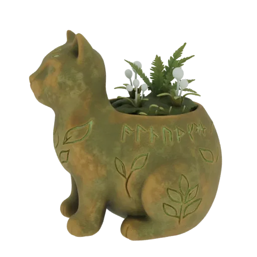 3D model of a moss-green cat planter with carved runes and filled with miniature ferns and white mushrooms.