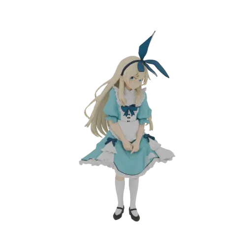3D model of Alice from Alice in Wonderland in an anime style, wearing a blue dress and white apron, with blonde hair and a bl