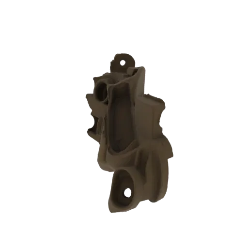 3D render of a brown, intricately detailed mechanical component with visible internal structures and ornate external features